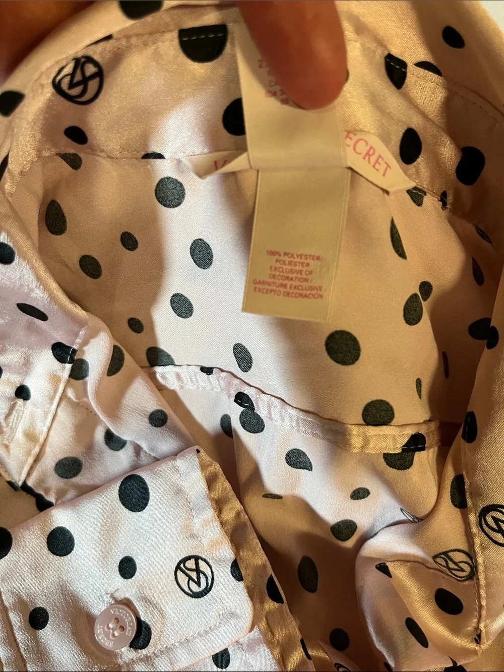 Victoria’s Secret Satin Sleep Shirt XS Pink Black Polka Dot Button Front Long